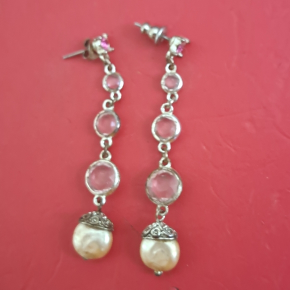 Liz Claiborne Pink Crystal and Pearl Drop Earrings - Picture 2 of 2
